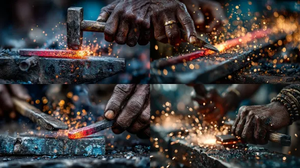 一张极具电影感的特写微距镜头，呈现了南印度泰米尔纳德邦的一位金匠正在小型黑色铁砧上敲打一块炽热发红的金条。他一只手握着小锤子，另一只手用铁钳夹住滚烫的金子。金条散发着强烈的热量，迸发出明亮的红色和金色火花，四处飞溅。金匠晒成棕褐色的手上布满汗水与煤烟，反射着熔金的光芒。空气中弥漫着烟雾、炽热的余烬和闪烁的光影。这张照片采用超写实的电影微距摄影手法拍摄，纹理极其细腻，光线温暖而富有戏剧性，焦点集中在撞击点上，景深较浅。