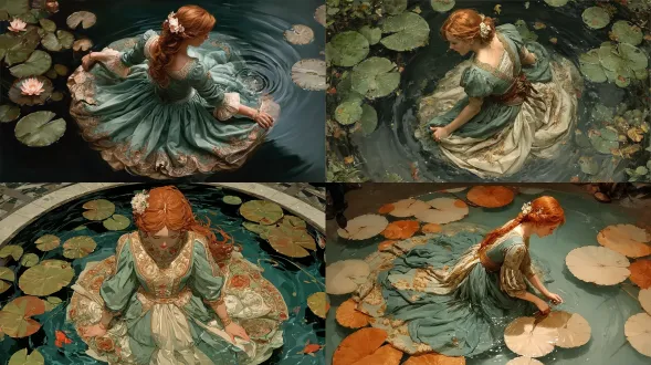 创作一幅超现实奇幻风格的丙烯画，描绘历史人物奥菲莉亚走进池塘的场景。人物位于中心，背对着我们，她那件精致的维多利亚风格长裙在水中铺开，随着她走进池塘而被浸湿。睡莲叶在她周围四处蔓延。视角为平视，从地面高度向上望向她走进水中的样子。这个人物有着红色的长发，一缕缕垂在背后，她正提着自己那件细节丰富、装饰华丽的淡绿米色长裙的裙摆。她的头发上别着一些发夹，还插着一朵花。整体色调为秋日风格，氛围忧郁。