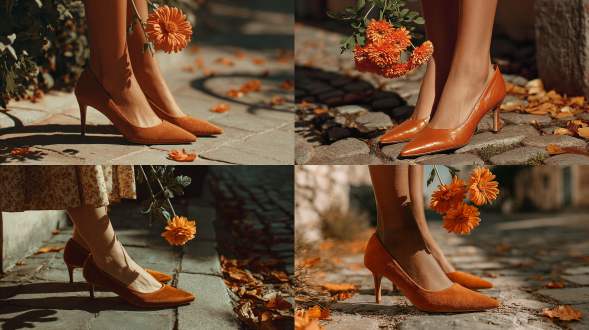 一张极简主义的秋季时尚照片，从侧角拍摄的穿着焦糖色细高跟鞋的女人脚，周围是散落在石板路上的焦橙色和棕色树叶，长长的午后阴影和温暖的琥珀色光线，手持一朵单枝长茎秋花，氛围优雅舒适，照片级真实感，无文字，无水印。