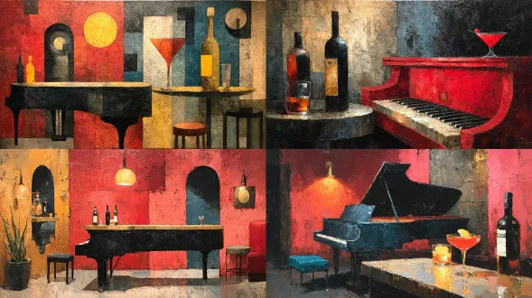 抽象表现主义捕捉了昏暗、烟雾缭绕的爵士俱乐部的感觉。深阴影和单个温暖聚光灯之间的强烈对比。形状暗示着一架钢琴和一杯威士忌。炭黑色、深红色和抛光金色的调色板。高度质感，几乎是雕塑般的