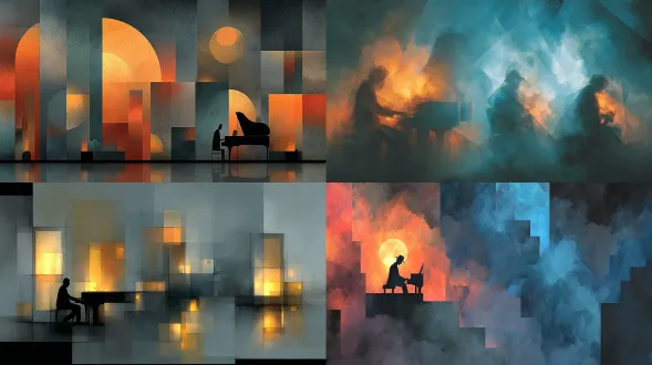 烟雾缭绕的爵士俱乐部演奏一首缓慢、内省的萨蒂作品的抽象可视化。柔和的音调重叠的几何形状，暗示着钢琴和孤独的音乐家的形式。柔和、漫射的光线和深深的怀旧感。深靛蓝、木炭和温暖琥珀的调色板