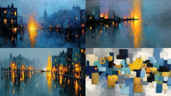 抽象油画将爵士民谣的忧郁与优雅和谐形象化。深蓝色、灰色和单一温暖的金色聚光灯。厚涂纹理，笔触柔和重叠。城市里一个安静的雨夜的感觉