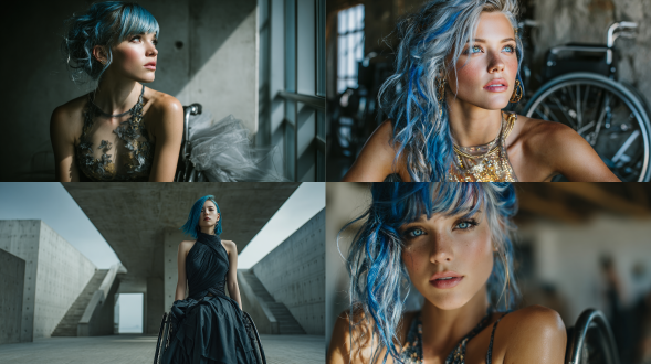 a futuristic beautiful woman with blue hair, in a wheelchair, natural lighting