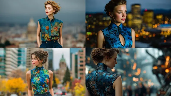 woman standing side angle, wearing dark pants, and blue brocade sleeveless shirt, detailed photograph, unfocused futuristic city background, brown hair styled in an updo