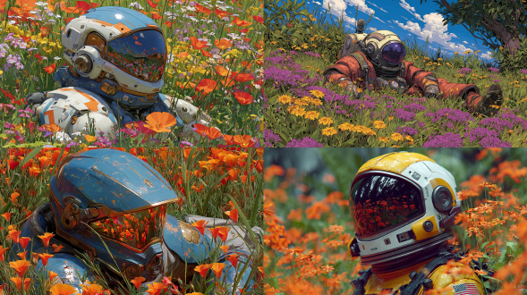a futuristic astronaut in big colorful field of flowers and plants, in a space suit, flowers reflecting in his helmet, dynamic pose, full body shot
