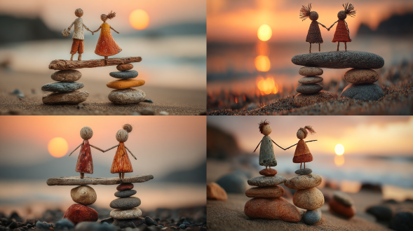 figurines of a man and a woman holding hands and balancing on a stack of stones, around the beach and the sea, sunset. wide angle. hyperrealistic image, relax style