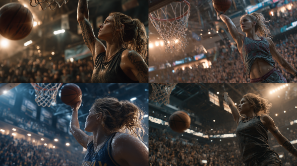 超逼真电影级动作镜头。一位二十多岁的强力女篮运动员，跃起冲筐准备扣篮的瞬间被定格，篮球恰在入网前凝固，呈现得分前的戏剧性一刻。从篮筐下方低角度拍摄，凸显高度与力量。右臂完全上伸引球向筐，左臂平衡姿态。肌肉紧绷，竞技场强光下臂肩汗水闪烁。身着时尚职业女篮服：短款球衣配运动短裤，现代设计含细微队标。头发束起，因跳跃有发丝飞扬。表情坚毅，目光锁定篮筐。背景是挤满模糊欢呼球迷的热闹体育场，上方挂着发光横幅，赛场氛围活力四射。灯光为戏剧性体育场泛光，球、筐及汗水有明亮高光，人群带细微运动模糊。风格是超精细12k写实，似数码单反体育摄影，皮肤、布料褶皱、篮球纹理逼真。氛围激烈、英雄且震撼，展现女运动员在万众前挑战重力的标志性瞬间。