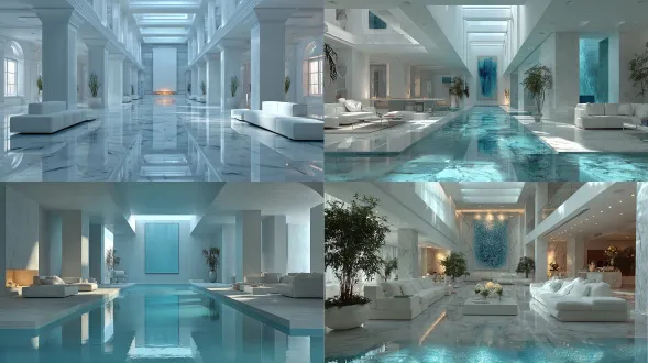 极简现代白色调室内设计，蓝色细节点缀，高天花板，白色天花板，寡头豪宅，大型白色横向绘画占据主墙，对称构图，自然光，广角镜头，低对比度，冷色调，空旷感，宁静氛围，几何线条，光滑表面，极简家具，反射光线