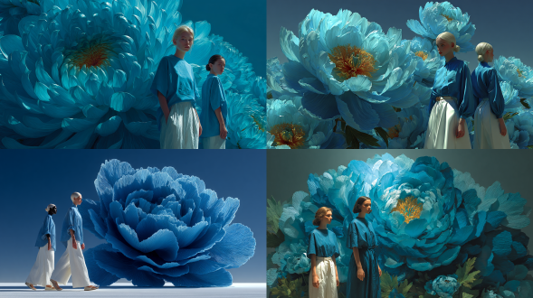 未来主义拼贴风格时尚摄影，两位模特处于超现实构图中，背景是一朵巨大逼真的蓝色花朵，一位白人女性模特正面朝向，身着蓝色t恤和白色阔腿裤，一位亚洲女性模特背对镜头露出背部，呈现电影般的日光效果，伴有柔和阴影与自然肤色，具备超细节纹理，属于高级时尚编辑布局，拥有荒诞比例与梦幻氛围，超写实摄影，广角视角，受千禧年启发的超现实现实主义