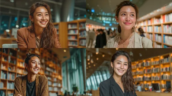 新加坡年轻女士面对镜头采访风格，微笑自信，职业装，简约优雅，背景书架整齐，现代图书馆，柔光，中焦距镜头，浅景深，中性色调，知性氛围，自然光，安静环境，专注表情，柔和阴影，高分辨率，纪实风格。