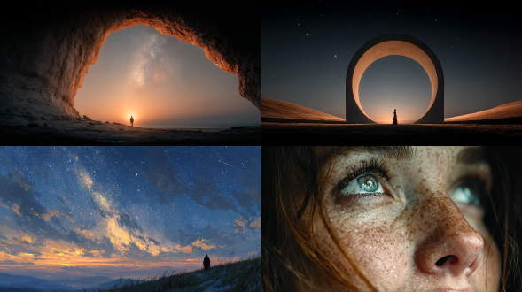 一位女子透过传送门凝视银河。她行走在夜之美中，如同无云夜空般澄澈明亮。黑暗与光辉的精华交织在她的神情与双眼，宛若柔和的光芒，这是白昼不曾给予的