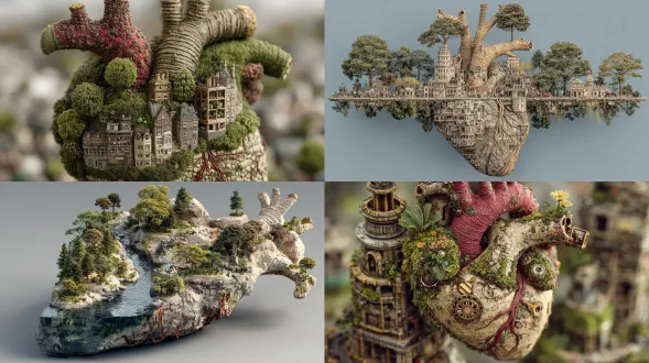 land heart and natural landscape 2, in the style of intricately mapped worlds, realistic anatomies, industrial and product design, environmental awareness, caricature-like illustrations, rendered in cinema4d, green and brown