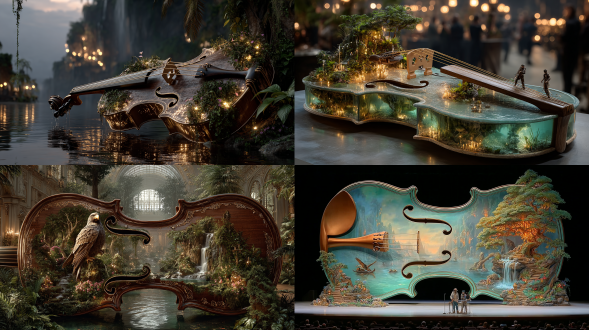 电影宽画幅，逼真的奇幻艺术。一把巨大的半透明古典小提琴转变为微型丛林生态系统。水晶瀑布从小提琴的音孔 cascading而下，发光的琴弦形成绳索桥，供微小的探险者跨越。奇异的野生动物在小提琴底部清澈的水中漫游玩耍，鹰和鸟在舞台上空翱翔。阳光轻柔地穿透小提琴丰富的 emerald 半透明琴身，生物发光植物微微发光，结晶结构内部可见复杂的根系。晨雾飘过舞台，细节过度精细，深 emerald 和翡翠渐变搭配金色琥珀色高光，霓虹薄荷色烟雾。国家地理摄影风格，电影氛围，超逼真，8k分辨率。