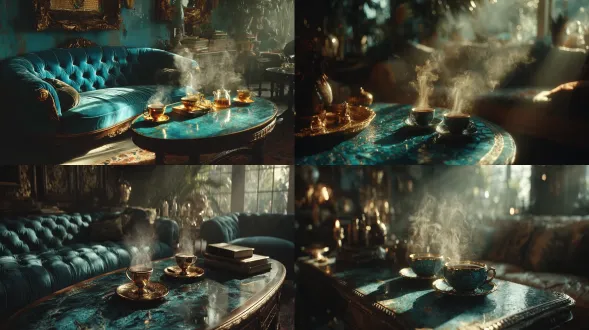 闪亮的蓝绿色咖啡桌上热气腾腾的咖啡杯，置于舒适的复古客厅中，明亮的黄金时刻光线倾泻而入，深暗阴影，电影质感，韦斯安德森风格，高对比度，照片级逼真，4k