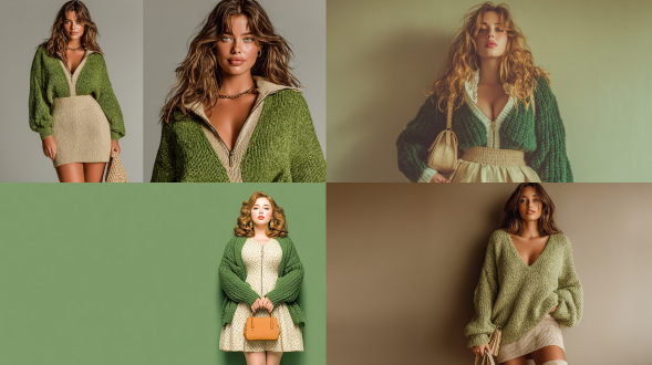 一位时尚白人女模特身着超大号拉链v领长袖绿色毛衣连衣裙，裙摆为米色，长度至膝。模特手持一个小手提包，为整体时尚美学增色。她的头发垂落在肩头，衬托出其时尚造型。