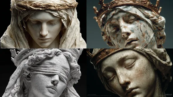 一尊超写实的大理石白色面纱女王雕像，她神情宁静双眼紧闭，似陷入永恒沉思。她戴着一顶古老且略有裂痕的胡桃木王冠，象征被遗忘的久远王室。脸部和头部部分裹布，与大理石纹理无缝融合，雕刻出栩栩如生的褶皱与阴影。光线柔和阴郁，凸显抛光大理石光泽。背景为极简黑色，将焦点全放在女王那萦绕又 defiant的存在上，似被街头 reclaim的神圣遗迹。以8k超细节电影品质呈现。