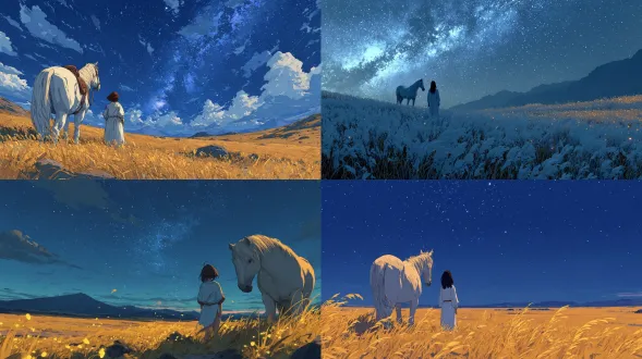 在广袤的草原上，星空之下，远方有一位身着白色衣物的年轻女子。不远处有一匹白色的马，与她相距一米。他们面向画面，深蓝色的天空中布满繁星，营造出神秘的氛围。她们伫立在草原上，周围环绕着金色的光粒，似小花般闪烁。静谧且庄严，栩栩如生，超现实，32k分辨率。