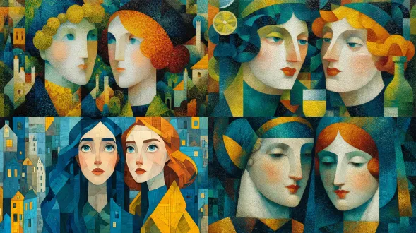 立体派绘画，描绘两个美丽的女同性恋者在英国村庄里，立体主义风格，以丰富的蓝色、绿色和白色调为主。