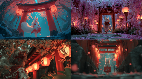 月光下的狐仙神社巫女偶像，空灵的狐火球，朱红色鸟居，柔和的和服细节，闪亮的偶像舞台灯光，飘落樱花，梦幻的动漫氛围。