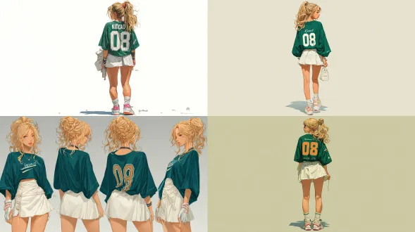 展示一个高大美丽苗条的运动型身材女性的背部的逼真插图，金色的金色长发在背上扎着高高的荷兰辫子，她穿着一件超大的深猎人绿色 t 恤，背面是数字“08”和“kincaid”，上面有大运动字体， 她还穿着白色百褶网球裙和白色运动鞋粉色鞋带