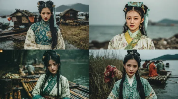 帮我生成不同姿势的人物写真，人物具有飘逸、空灵脱俗之美的年轻中国女子，衣着白绿配色魏晋风服饰，服饰材质主要以麻布、葛布等为主。她的黑色长发梳成一个精致的半束发：头顶有一个高高的环髻，一束及腰长发自然散落背后，一条极长的淡青蓝色丝带穿过发髻并垂下。以水上竹筏为背景，破碎感清冷风魏晋风写真。远景聚焦模糊处理，五官高光提亮，增强眼部神采，保持人脸不变