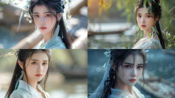 帮我生成不同姿势的人物写真，人物具有飘逸、空灵脱俗之美的年轻中国女子，衣着白绿配色魏晋风服饰，服饰材质主要以麻布、葛布等为主。她的黑色长发梳成一个精致的半束发：头顶有一个高高的环髻，一束及腰长发自然散落背后，一条极长的淡青蓝色丝带穿过发髻并垂下。以水上竹筏为背景，破碎感清冷风魏晋风写真。远景聚焦模糊处理，五官高光提亮，增强眼部神采，保持人脸不变