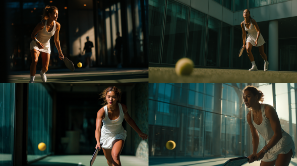 一位印度尼西亚女性正在打板式网球，从正面以轻微右侧角度捕捉，处于动态动作姿势，手持板式网球拍，即将击中或刚击中悬浮空中的黄色板式网球，身着受温布尔登启发的优雅全白色运动装，在带玻璃墙的绿色合成草板式网球场上，有明亮定向室内照明伴强烈阴影，具忧郁聚光灯效果，呈高对比度电影风，运动摄影风格，契合优雅基调，无网球元素