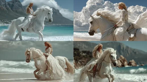 一位美丽的女性，无畏且威严，骑着一匹白色的飞马，她皮肤白皙，穿着白色的连衣裙，景色很有力量，在沙滩上，整个景色展现出女性力量，4k，半写实风格