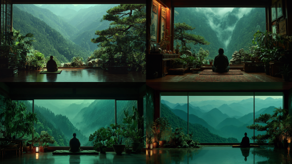 一个日本男子在窗前冥想，俯瞰朦胧山峦与森林，营造出仿若古代水墨画的氛围。背景为深色调，室内具禅意风格，含绿植与木质元素。以电影摄影风格，视觉效果带来沉浸式观感