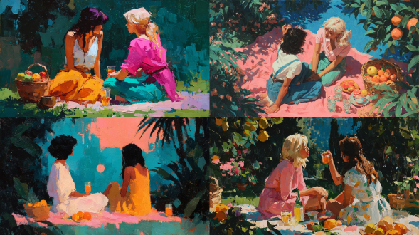 一幅充满活力的当代油画，非数字插画，展现两位女子同坐于繁茂户外的野餐毯上，其一正轻柔为另一编发。场景需具亲密、宁静与诗意氛围，从背后取景，动作轻柔、形态流畅。运用富有表现力的绘画笔触，以大胆欢快色彩（浓郁粉红、柔和绿、温暖橙、明亮黄）构建和谐且动态的构图。融入野餐元素如篮子、水果、玻璃杯以丰富叙事。氛围要梦幻怀旧，受现代具象美术启发，传递温暖、联结与故事感。