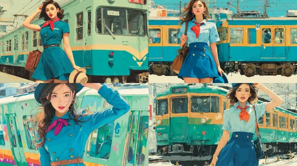 日本东京山手线复古可爱女孩模特，简洁插画风格，杂志排版，穿着复古山手线制服，蓝色短裙配红色领结，甜美微笑，动态姿势，手扶帽子，背景模糊的山手线列车，明亮色彩，柔和光线，扁平化设计，高饱和度，矢量感，活泼可爱，都市氛围，青春活力。