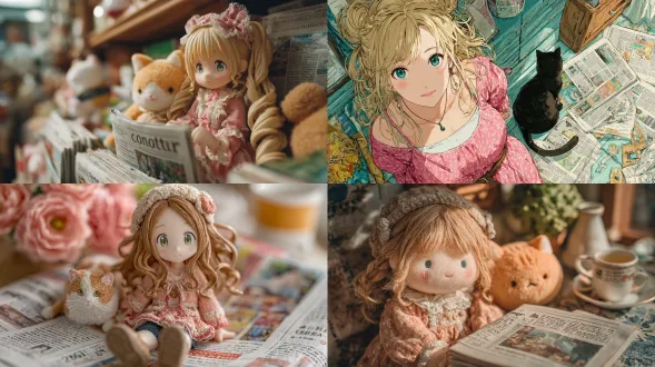 美丽的女孩和一只猫，报纸杂志背景，可爱的小布娃娃风格，动漫，少女风且充满幻想，漂亮的粉色连衣裙