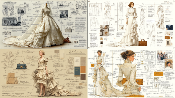 时尚设计草图，一件带有荷叶边和蕾丝细节的复古风格婚礼婚纱，色彩为彩虹色系，配有精致的拖尾和配套手提包，展现新娘的经典优雅。绘图详细说明面料选择、镂空细节和配饰，以增添她浪漫造型的深度。