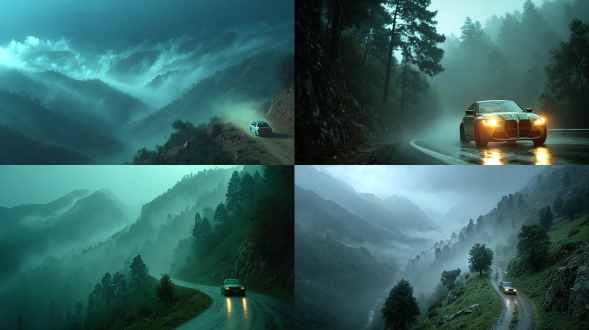 电影静止画面，一辆2025款宝马m3在雾气弥漫的山间通道中行驶，车身看起来较小且遥远，翻滚的雾气，戏剧性的雾，忧郁的光线，真实的纹理，用35毫米胶片拍摄