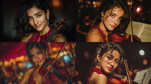 一幅年轻女子的特写肖像，齐腰长度。齐肩黑发。她拉小提琴并看着镜头。她面前的乐谱架上有乐谱。她穿着酒红色的紧身连衣裙，戴着钻石耳环。超写实照片。明亮的舞台灯光。背景是歌剧院舞台布景。