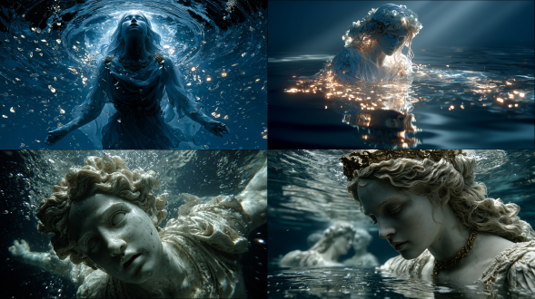 安菲特里忒，悬浮在深海宁静中心的大理石女神，正面中景拍摄，白色大理石形体被静止的玻璃般的水环绕，细微的涟漪从她的脚向外扩散，头发和饰品在慢动作中漂浮，几乎不受运动影响，前景有微弱的发光粒子向观者飘来，柔和的折射光束透过薄雾闪烁，她的剪影在下方深渊中反射，表情宁静而悠远，体现永恒的深度与寂静，深渊主权×大理石神性美学，电影般的水下宁静和分层光扩散。