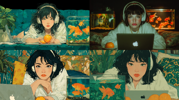 一张美丽黑发女子躺在沙发上的摄影作品，她正使用苹果笔记本电脑，戴着白色耳机，剥着橙子，位于笔记本电脑前方。她有着大眼睛、长睫毛和橙色口红，身着白色衬衫，身旁有金鱼缸和盆景植物，背景为黑色，呈现动漫美学风格，动漫风格参考汤米（yuumei）、士郎正宗（masamune shirow）的风格。