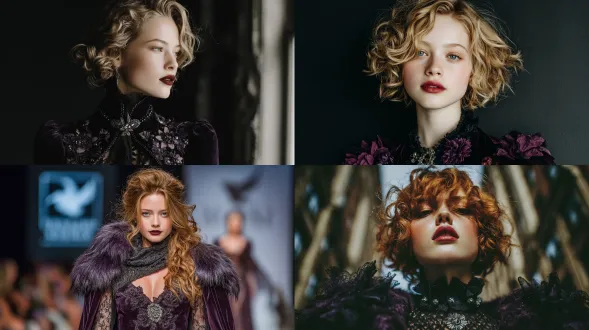 时尚秀照片，全景，正面视角，聚焦服装，全身照，苍白的女性模特，有柔和的卷发和深红色的嘴唇，身着午夜紫红色天鹅绒连衣裙，带有手工刺绣的金属花卉和透明黑色蕾丝袖子，搭配一件带有水晶珠饰的短款羊毛披风。轮廓融合黑暗浪漫与温暖，有银色胸针点缀，及膝麂皮靴为空灵基调打底。忧郁又奢华，是现代女性的冬日童话。背景为两侧纯色简约黑墙，中央有一长且大的明亮白色屏幕连至地面，空旷。