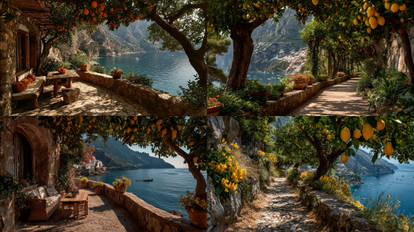 意大利坎帕尼亚的阿马尔菲海岸，阳光照耀下尽显沿海优雅之态。柠檬梯田顺着悬崖铺开，搭配着干石墙。木杆与稻草席投下带有图案的阴影。阿马尔菲柠檬品种的果实挂在光亮叶片间，色彩鲜亮。土壤露出淡色尘土与小石子。远处大海呈现出分层的蓝色。温暖光线触及叶脉与墙壁纹理。采用中画幅数码相机拍摄，使用45毫米镜头，f/5.6，1/200秒，iso 160，柔和金色侧光，中等景深。