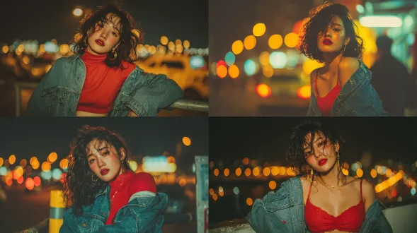 一张充满王家卫电影感的夜景人像写真，不同姿势，保持人脸不变。 【场景】午夜的城市街头，一位气质绝佳的中国女性倚靠在金属栏杆旁，背景是远处街道模糊的暖黄色圆形路灯光斑，形成美丽的焦外虚化。 【人物与服饰】她有着蓬松凌乱的深棕色大波浪长发，佩戴着简约的金属耳环。身穿一件鲜红色挂脖内搭，外面随意地披着一件复古水洗蓝的oversize丹宁夹克，夹克从一侧肩膀滑落。 【妆容】妆容精致，以带有光泽感的复古正红色唇妆为重点，眼神自信而迷人。 【光影与质感】以城市夜间的环境暖光为主要光源，光线柔和地打在人物身上，面部光影富有层次。画面整体色调偏暖，对比度适中，有强烈的电影故事感和模拟胶片颗粒质感，32k超高清画质。 【姿势】身体微微前倾，手肘倚靠在栏杆上，侧脸看向镜头，眼神充满魅力。