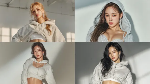 一位拥有k-pop偶像颜值的成年韩国美女。她留着浅金色柔和波浪发，佩戴闪耀耳环，妆容淡雅。神情平静又带着一丝梦幻感，双眼微微垂下。穿搭方面，她身着短款浅灰色连帽卫衣，隐约露出小腹；搭配质感柔软的白色时尚短裤，兼具运动风与潮流感。她以侧角度摆出优雅姿势，尽显端庄气质与沉稳自信。整体氛围自信简约、充满时尚感，兼具电影质感与精致格调。光线采用电影级hdr效果，肌肤呈现流畅渐变光影，面部轮廓清晰立体，细腻的光线反射更凸显质感。背景为极简白色工作室，搭配柔和阴影，营造出宁静氛围，让构图与人物美感成为视觉焦点。