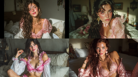 一位年轻的意大利国美女。她留着深色长波浪发，肌肤白皙通透、泛着光泽，眼眸带着淡淡红调，五官精致且散发自信魅力。穿搭为带精致蕾丝花纹与爱心元素的时尚粉色套装，外搭一件宽松垂落肩头的白色真丝衬衫，搭配心形精致耳环，更添优雅气质。姿势是随意坐在舒适的床上，身体微微前倾，一只手轻轻触碰衣领，另一只手搭在腿上，双眼凝视镜头，嘴角噙着温柔笑意。整体氛围时尚动感、富有电影质感，兼具梦幻优雅气质，自然光效突出衣物质感与柔和的面部轮廓，打造高定杂志般的偶像风格。背景为光线柔和的卧室，以中性色调为主，搭配质感柔软的布料，枕头与窗帘增添真实感与空间层次，聚光灯柔和聚焦于人物身上。