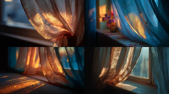 afternoon sunlight filtered through linen curtains, floating dust motes illuminated in still air, delicate interior composition, pastel warmth, gentle focus, nikon d850, 50mm f/1.8, iso 200, natural light diffusion