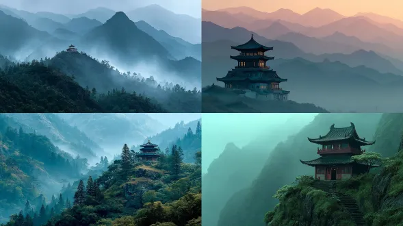 a mountain temple seen through layers of mist, fading into atmosphere, ethereal detachment, poetic tone, sony alpha 7r iv, 200mm telephoto, f/5.6, atmospheric haze