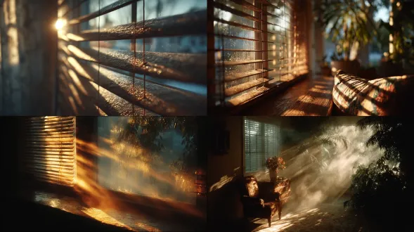 afternoon sun falling diagonally through dust and window blinds, the direction of light leading the eye into quiet interior space, hasselblad h6d, 100mm f/2.8, ambient diffusion