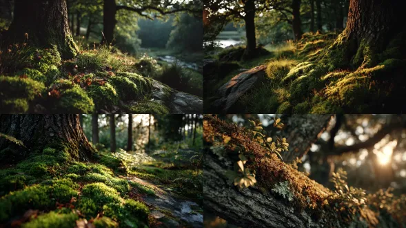 sun filtering through tree canopy, dappled golden patterns on moss, warm side light, poetic realism, canon eos 5d iv, 35mm f/2, natural tone palette