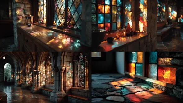 late afternoon light entering through stained glass, muted rainbow hues dancing on stone walls, soft contrast, contemplative ambience, hasselblad h6d, 50mm, f/4, cinematic tone curve