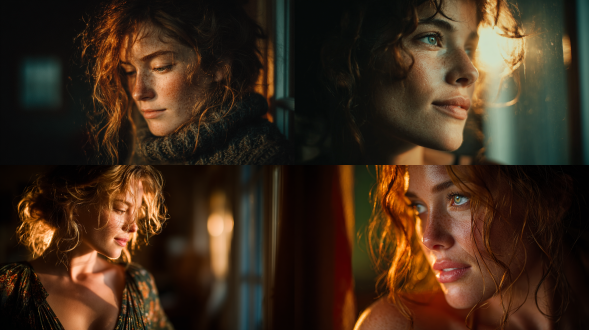 a portrait of a woman by a window, backlit by dawn, hair haloed in glow, quiet emotional tone, cinematic grain, leica sl2, 85mm f/1.4, iso 200, backlight diffusion