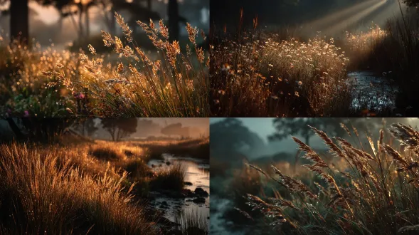 a sunbeam filtered through thin fog over a meadow, dew glistening softly, pastel gold tones, cinematic stillness, nikon z7 ii, 50mm f/2.8, iso 100, ethereal haze, natural diffusion