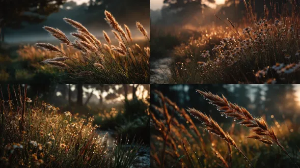 a sunbeam filtered through thin fog over a meadow, dew glistening softly, pastel gold tones, cinematic stillness, nikon z7 ii, 50mm f/2.8, iso 100, ethereal haze, natural diffusion